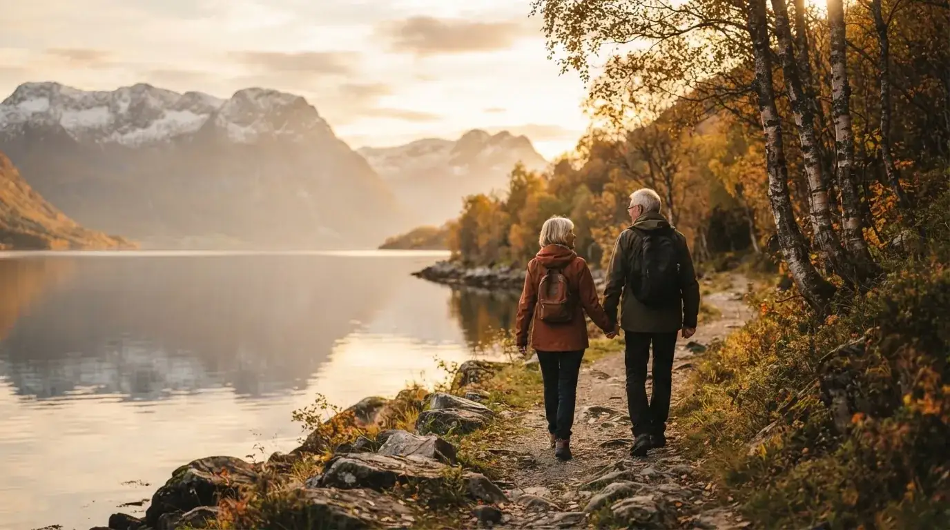 Eldre par går tur langs en fjord en rolig høstdag, med fjell og lav sol i bakgrunnen